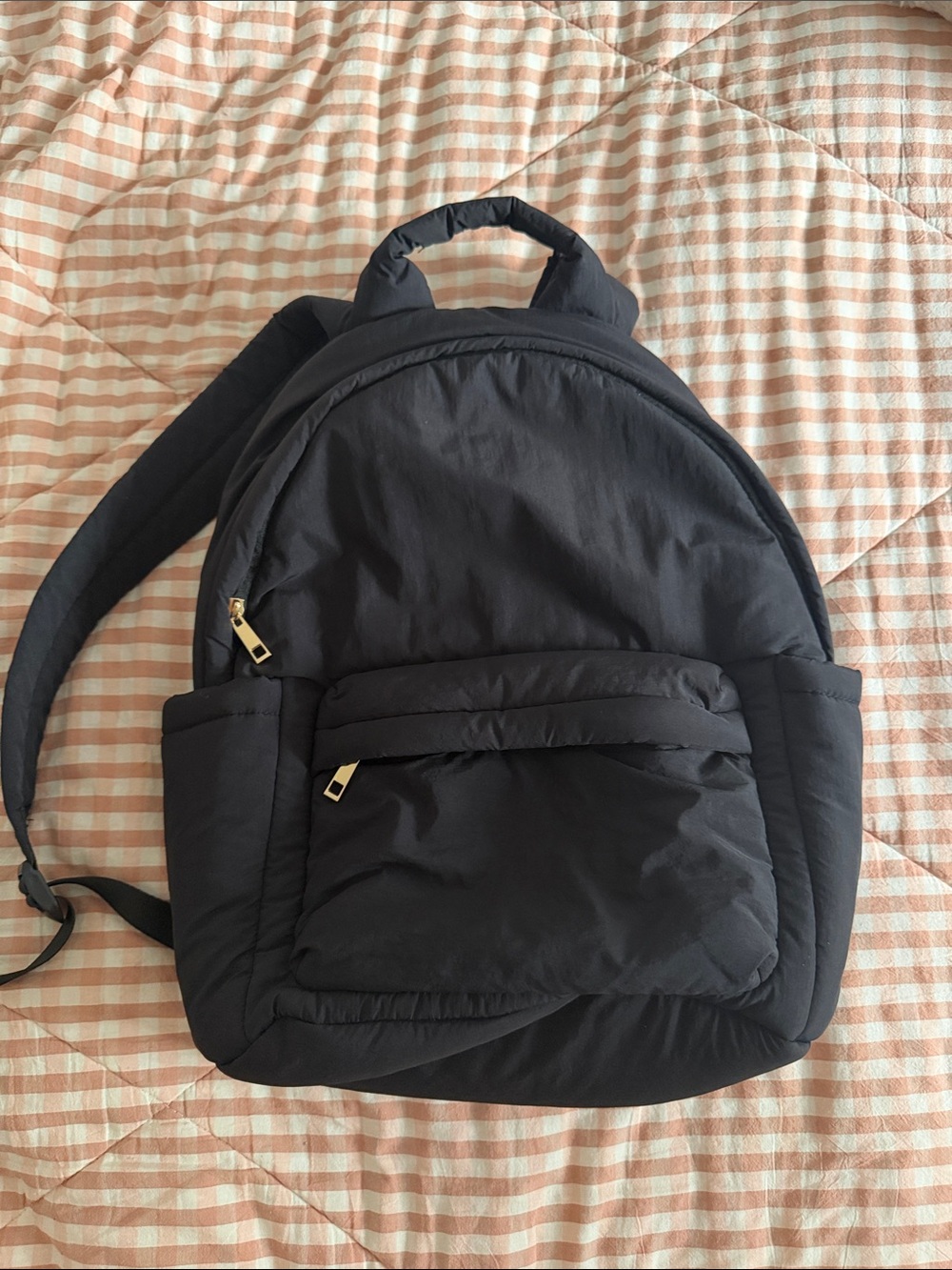 Black Puffer Backpack with Front Pocket